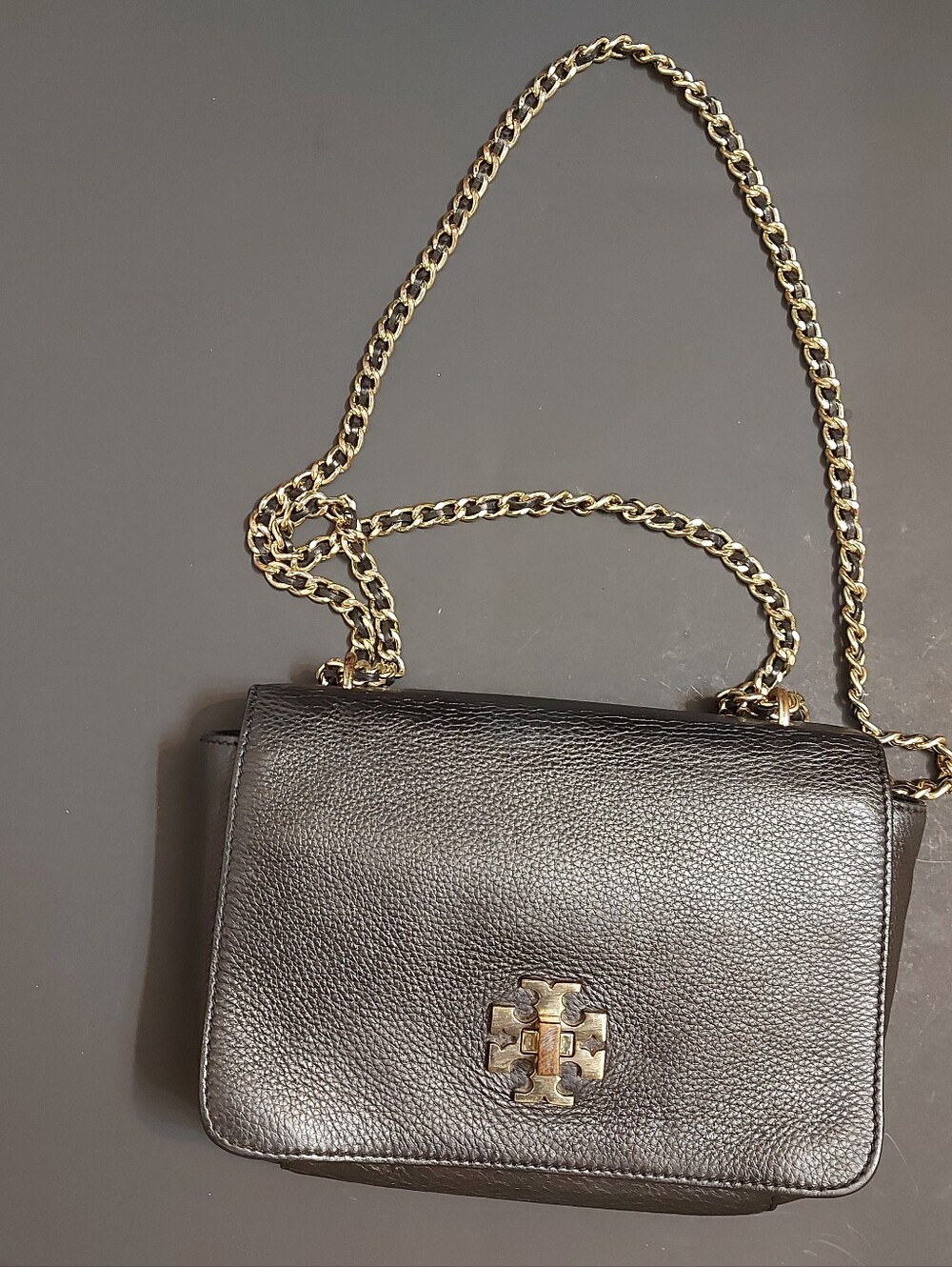 Tory Burch Black Pebbled Leather Crossbody with Gold Chain Strap